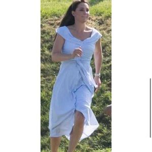 ASO Duchess of Cambridge Kate Middleton Zara Blue Striped Off the Shoulder Dress